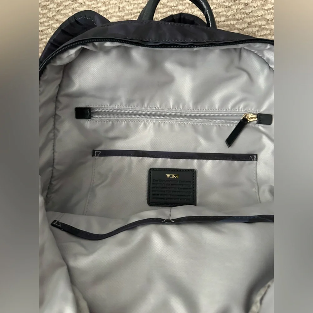 TUMI Backpack Black Camo Nylon Gold Hardware Blue Purple Accents GUC